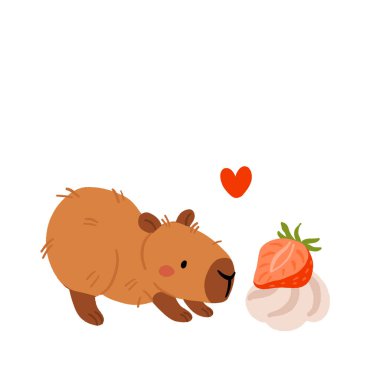 Tatlı Capybara, tatlı ve tatlı vektör seti, Kawaii uyuyan kapibaralı karakterler çilekli pasta, fırın tatlıları. Doğum günü, kafe ve çıkartmalar için samimi yemek çizimleri