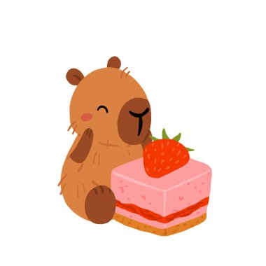 Tatlı Capybara, tatlı ve tatlı vektör seti, Kawaii uyuyan kapibaralı karakterler çilekli pasta, fırın tatlıları. Doğum günü, kafe ve çıkartmalar için samimi yemek çizimleri