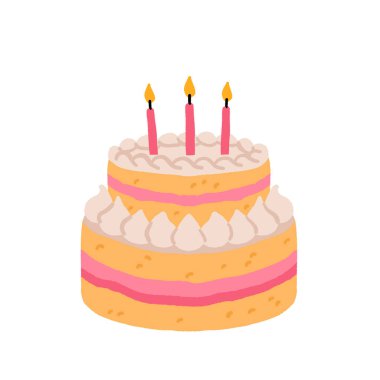 İki kademe doğum günü pastası ve pembe kremalı vektör çizimi. Mum çizimli pembe vanilyalı kek. Beyaz arka planda pembe renkli ikonlu katmanlı pasta. Bir tabak vektöründe pembe doğum günü pastası