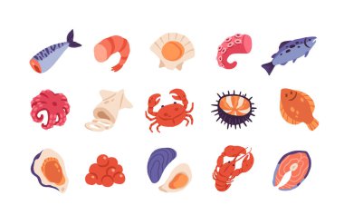 Deniz ürünleri ve balık vektörü ayarlandı. Düz çizgi film deniz yiyecekleri illüstrasyon koleksiyonu, okyanus hayvanları, kabuklu deniz hayvanları, karides, yengeç, ıstakoz, midye, somon, sağlıklı protein ikonları