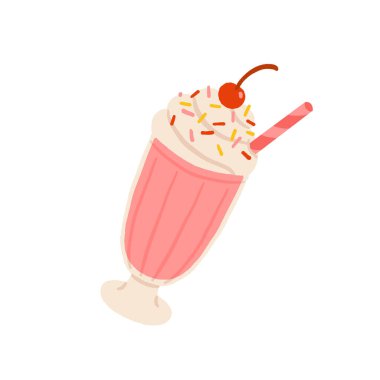 Krem şantili, kirazlı ve pipetli uzun, pembe bir milkshake. Sokak yemekleri ve paket servis kavramları için düz çizgi film çizimleri.