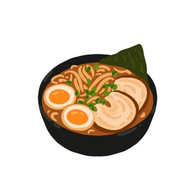 Tonkotsu Ramen. Japon yemeği, terbiye edilmiş yumurta, ızgara domuz eti ve taze soğanlı Ramen Eriştesi. Japon sokak yemekleri, düz elle çizilmiş Asya mutfağı çizimleri..