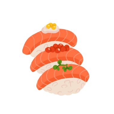 Japon suşi nigiri. Somonlu suşi. Asya mutfağı düz elle çizilmiş..