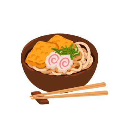 Udon Erişteli Ramen Kasesi, Izgara Tofu ve Naruto. Düz Çizgi film El Çubuklarıyla Vektör İllüstrasyonu çizdi. Asya Japon Mutfak Simgesi