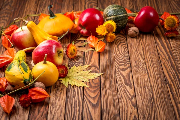 Autumn background on wooden boards. Selective focus. Space for text. — Stock Photo, Image