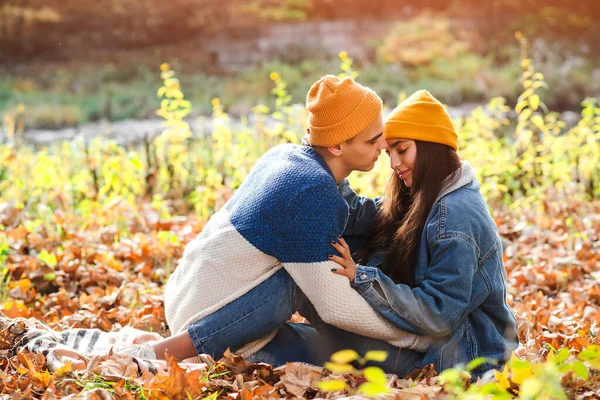 Γυναίκες Και Άντρες Φιλιούνται Στο Φθινοπωρινό Πάρκο Αγάπη Επανασύνδεση Και — Φωτογραφία Αρχείου