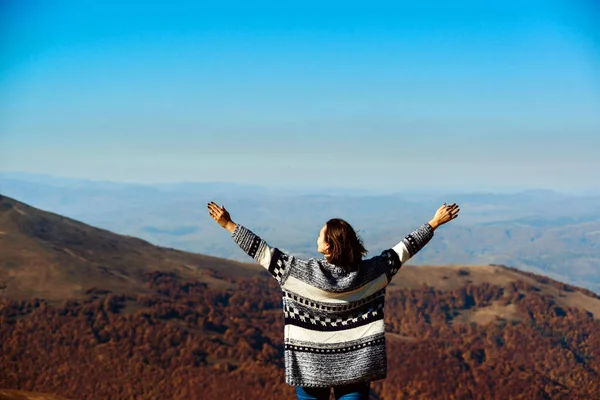 Happy Woman Rising Hands Top Autumn Mountain Travel Freedom Lifestyle — Stock Photo, Image