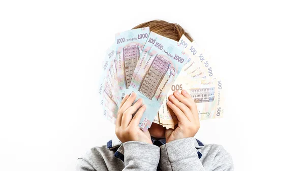 Happy Kid Hiding Face Fan Money Bills Lottery Winner Businessman — Stock Photo, Image