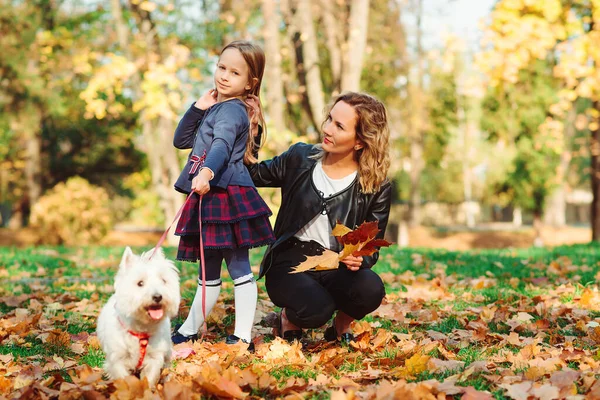 Mãe Filha Feliz Andando Com Seu Cão Parque Outono Hora — Fotografia de Stock