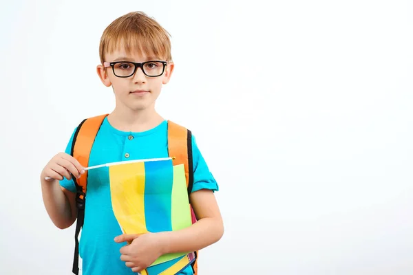Schoolboy Learning Ukrainian Language Cute Boy Backpack Holding Ukrainian Flag — Stock Photo, Image