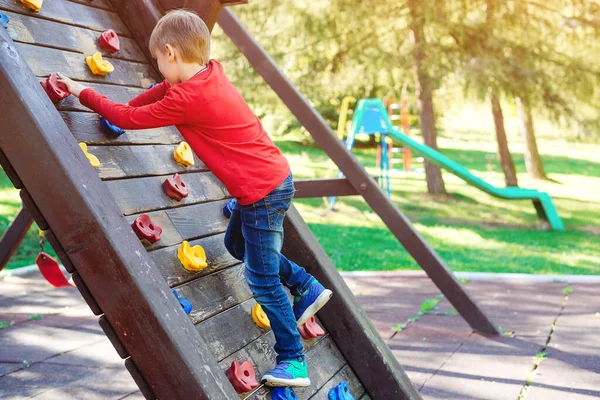 かわいい男の子が遊び場で遊んでいます 幸せな子供は 木製の壁に登る 幸せな夏休み 幸せで健康的な子供時代 子供屋外遊び場 — ストック写真