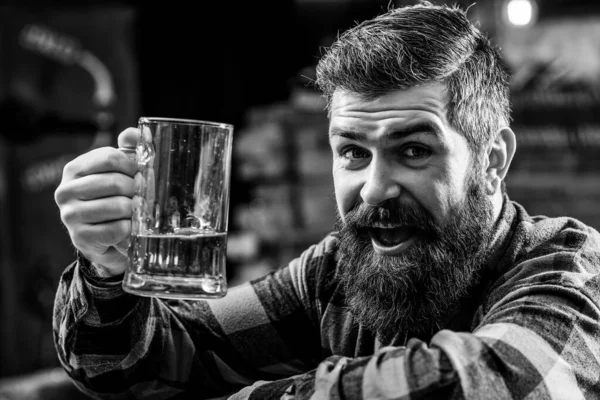 Bearded man drinking beer. Handsome guy sitting at the bar counter. Beer pub. Bearded hipster holds glass of beer. Handsome positive man drinks beer at pub.