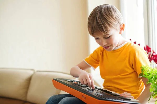 Criança Brincando Sintetizador Casa Piano Infantil Desenvolvimento Habilidades Musicais Crianças — Fotografia de Stock