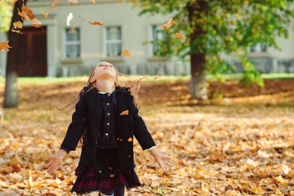 Bonne Fille Jouant Automne Enfant Sur Nature Marcher Extérieur Jolie — Photo