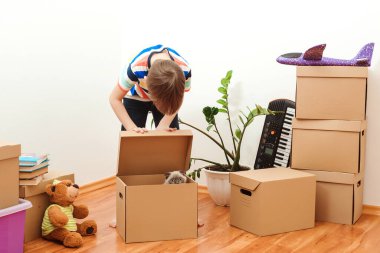 Mutlu çocuk ve kedi yeni evde birlikte eğleniyorlar. Çocuğu ve evcil hayvanı olan genç bir aileyi barındırmak. Şirin çocuk kutuları açmaya yardım ediyor. Aile yeni bir daireye taşınır..