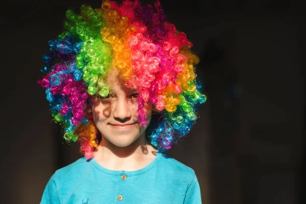 Smiling cute child in clown wig. Birthday kids party. Funny kid clown playing at home. 1 April Fool\'s day concept. Happy childhood. Funny boy clown.