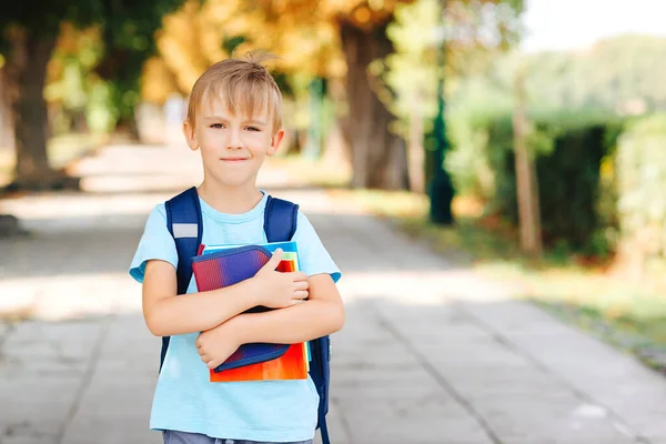 Piccolo Studente Con Zaino Libri Strada Torniamo Concetto Scuola Bambino — Foto Stock