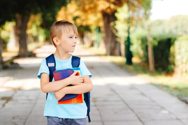 Piccolo Studente Con Zaino Libri Strada Torniamo Concetto Scuola Bambino — Foto Stock