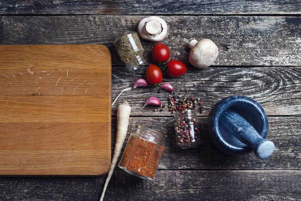 Fundo Comida Com Espaço Cópia Especiarias Vegetais Mesa Cozinha Vista — Fotografia de Stock