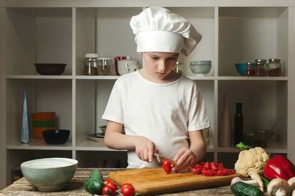 Cute Boy Chef Cutting Vegetables Salad Child Chef Cook Kitchen — Stock Photo, Image