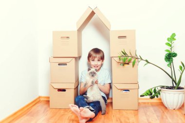 Mutlu çocuk ve kedi yeni evde birlikte eğleniyorlar. Şirin çocuk kutuları açmaya yardım ediyor. Aile yeni bir daireye taşınıyor. Taşınma günü.