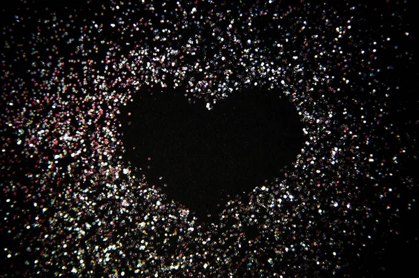 Coeur Forme Paillettes Argent Sur Fond Noir Joyeuse Saint Valentin — Photo