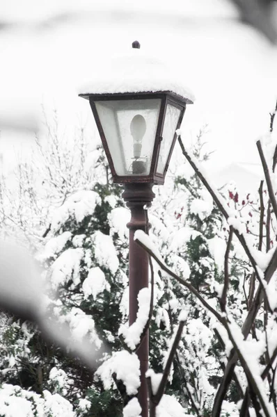 Outdoor street lamp covered with snow, winter composition, snow falling, frozen nature, winter time background with copy space