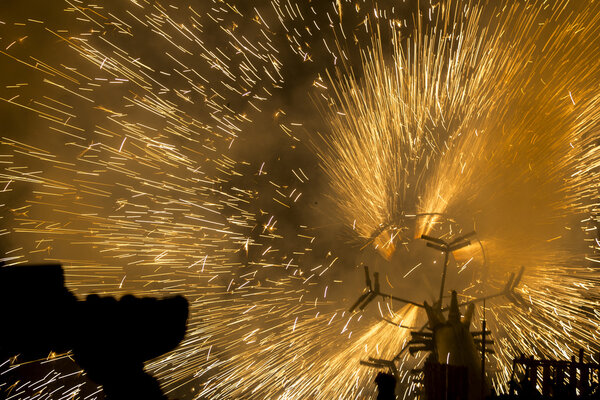 Great participation of people at a reenactment of the Ripatransone fire horse. Italy.