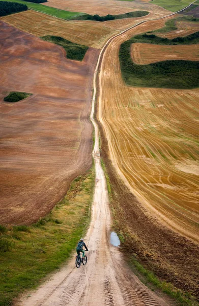 Cyclist Road Amongst Colorlful Meadows Warp Perspective Mazury Poland — Stock Photo, Image