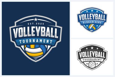 Volleyball logo badge design vector, volleyball team emblem logo design vector illustration template, volleyball tournament logo concepts with ball and stars