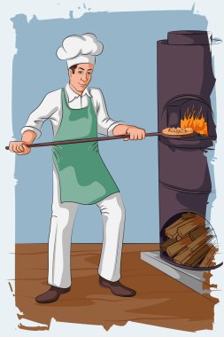 Retro adam yangın fırın pizza pişirme