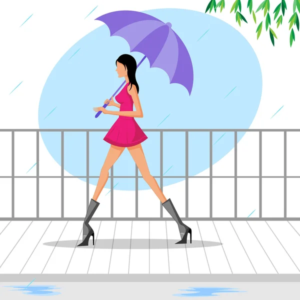 Hermosa mujer caminando con paraguas bajo la lluvia — Vector de stock