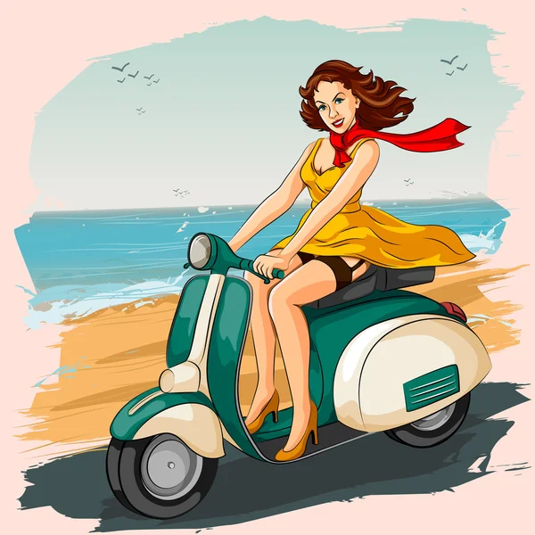 Retro woman riding scooter — Stock Vector
