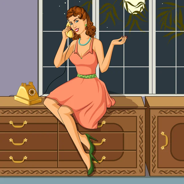 Retro woman chatting on phone — Stock Vector