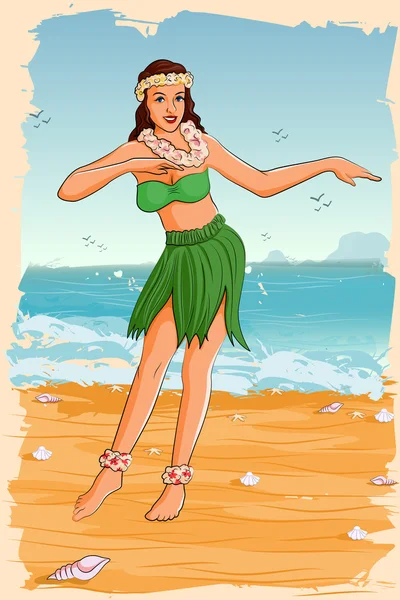 Mujer retro bailando en vestido hawaiano — Vector de stock