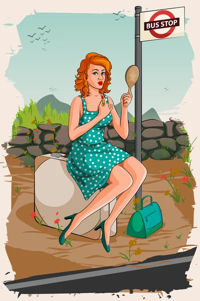 Retro woman applying lipstick waiting at bus stop — Stock Vector