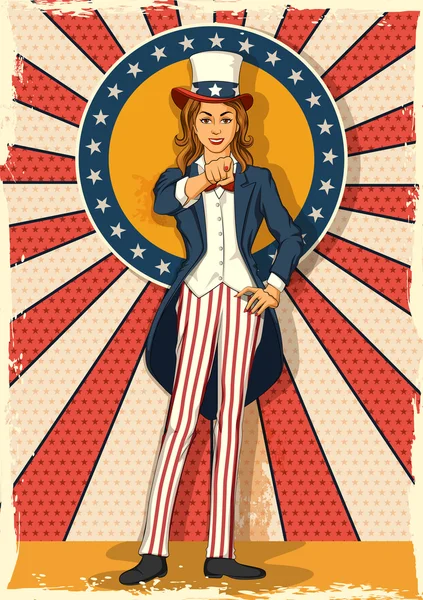 Retro woman posing Uncle Sam I WANT YOU — Stock Vector