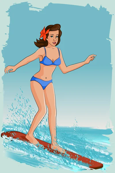 Mujer retro surfeando en el mar — Vector de stock