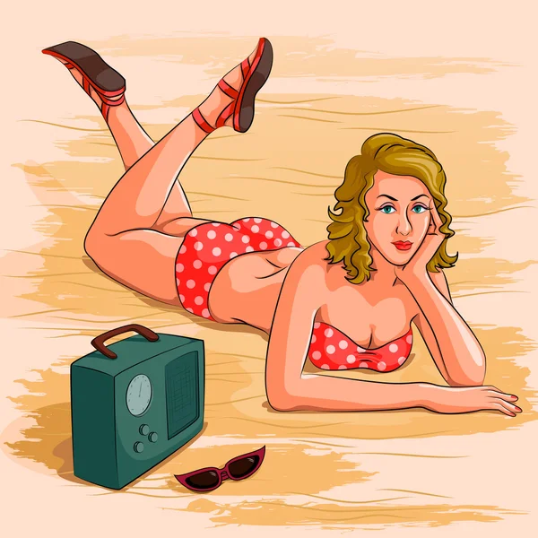 Retro woman laying on beach listening song — Stock Vector