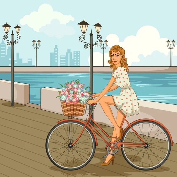 Retro woman cycling on street — Stock Vector