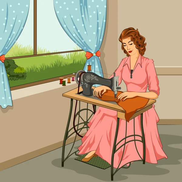 Mujer retro haciendo vestido en la máquina de coser — Vector de stock