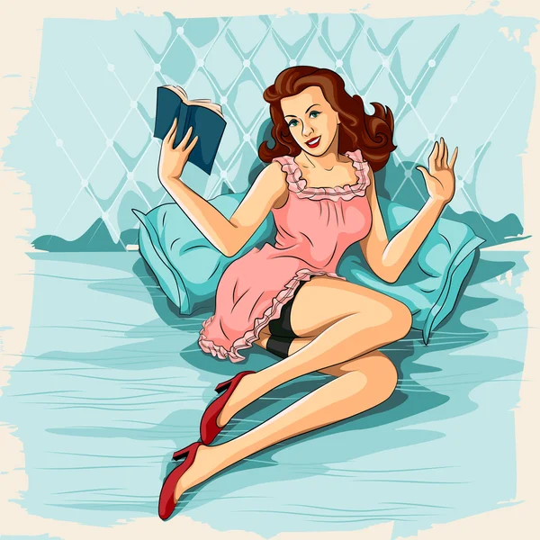 Retro kobieta czytanie książki na łóżku — Wektor stockowy