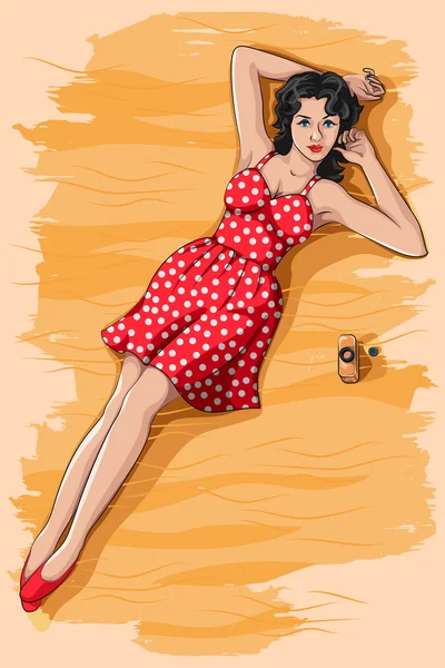 Retro woman laying on beach with liquor holder — Stock Vector