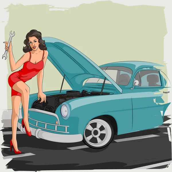 Retro woman fixing car in garage — Stock Vector