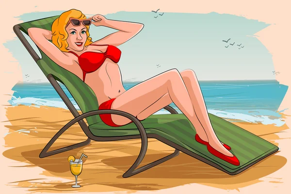 Retro woman relaxing on beach — Stock Vector