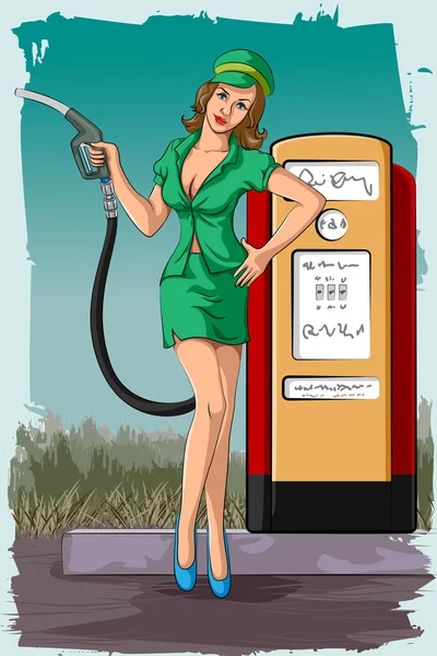 Retro woman holding fuel nozzle in petrol pump — Stock Vector