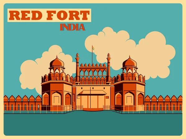 Vintage poster van Rode Fort in Delhi beroemde monument van India — Stockvector