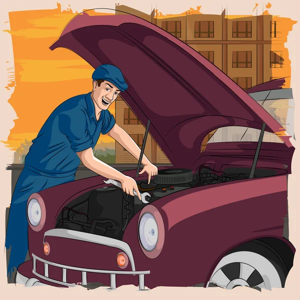 Ретро-мужчина чинит машину в гараже — стоковый вектор