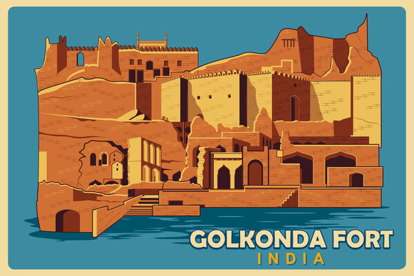 Vintage poster of Golkonda Fort in Hyderabad famous monument of India