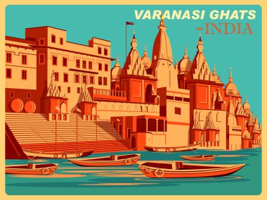 Hindistan'da Varanasi Ghats, Uttar Pradesh ünlü VINTAGE poster koyun